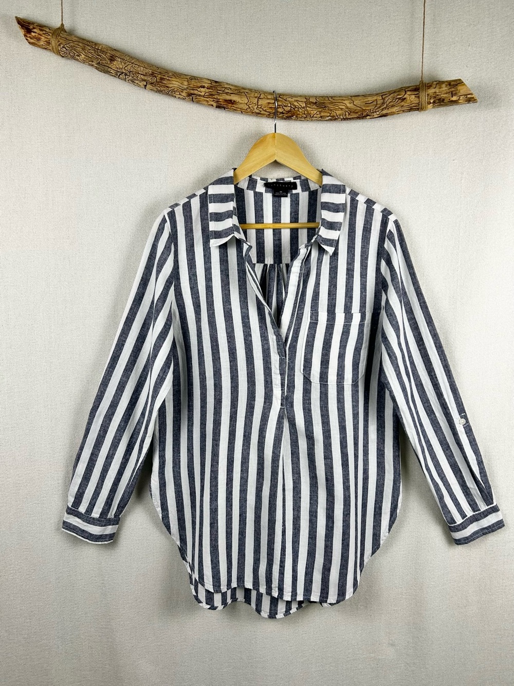 Sanctuary Linen Blend Striped Popover Top Blue White Coastal Medium - Picture 2 of 6